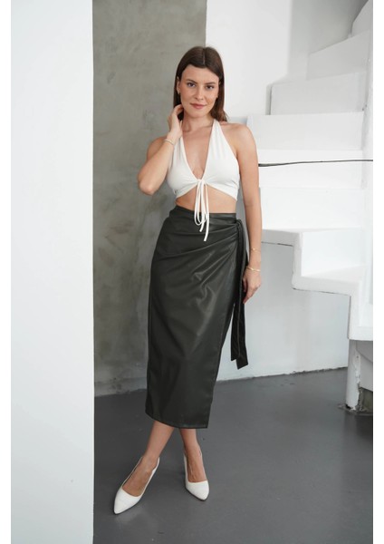 Kuşaklı Uzun Deri Etek Haki H26414 fiyatları