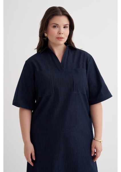 Kısa Kollu Cepli Denim Elbise