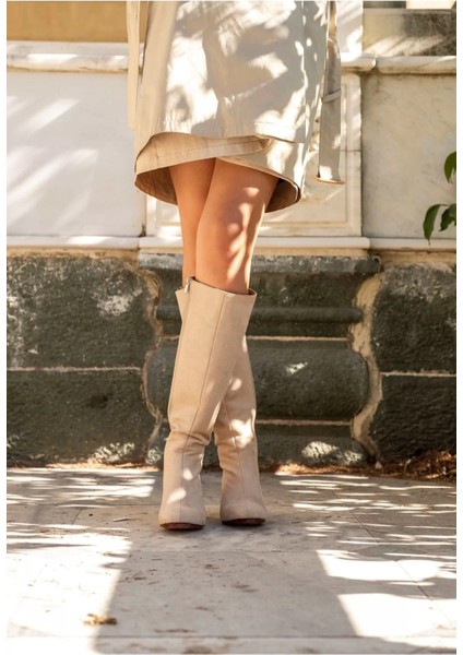 Kadın Elegant Ayakkabı Kısa Kalın Topuklu Diz Altı Çizme Özel Tasarım Abiye Ayakkabı