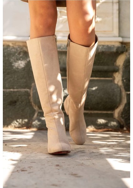 Kadın Elegant Ayakkabı Kısa Kalın Topuklu Diz Altı Çizme Özel Tasarım Abiye Ayakkabı