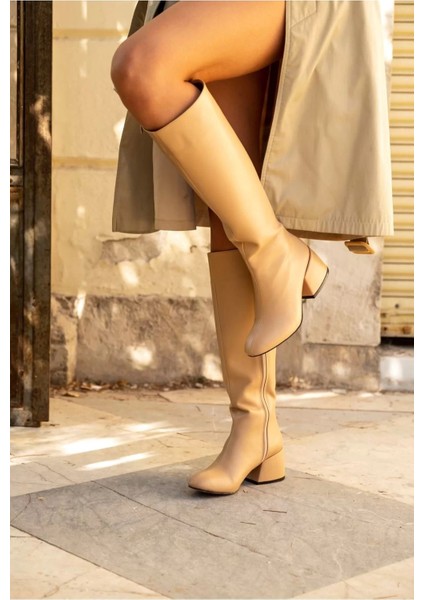 Kadın Elegant Ayakkabı Kısa Kalın Topuklu Diz Altı Çizme Özel Tasarım Abiye Ayakkabı