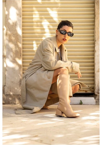 Kadın Elegant Ayakkabı Kısa Kalın Topuklu Diz Altı Çizme Özel Tasarım Abiye Ayakkabı