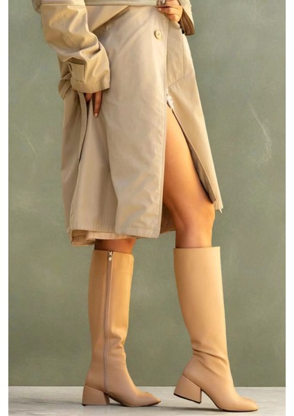 Kadın Elegant Ayakkabı Kısa Kalın Topuklu Diz Altı Çizme Özel Tasarım Abiye Ayakkabı