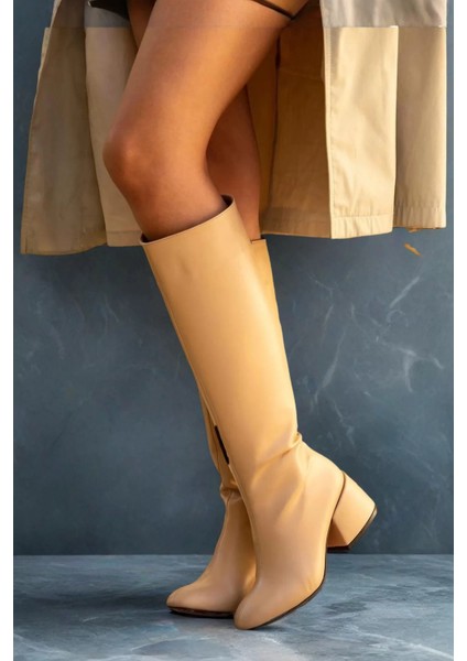 Kadın Elegant Ayakkabı Kısa Kalın Topuklu Diz Altı Çizme Özel Tasarım Abiye Ayakkabı