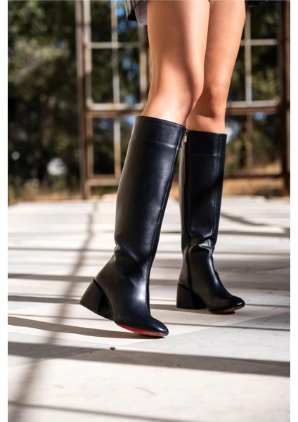 Kadın Elegant Ayakkabı Kısa Kalın Topuklu Diz Altı Çizme Özel Tasarım Abiye Ayakkabı