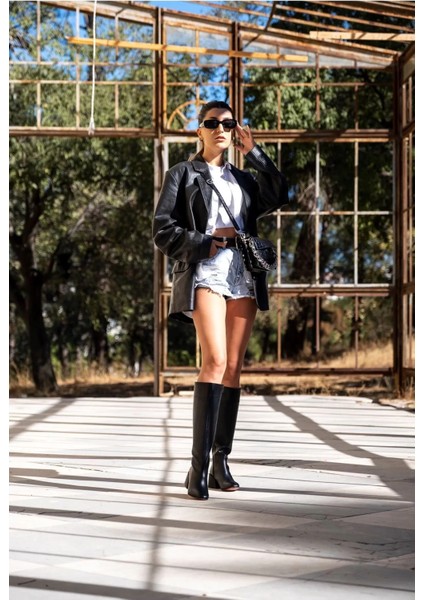 Kadın Elegant Ayakkabı Kısa Kalın Topuklu Diz Altı Çizme Özel Tasarım Abiye Ayakkabı