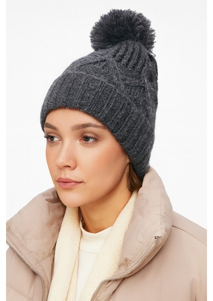 Kadın Triko Örgü Katlamalı Ponponlu Bere Gri Standart