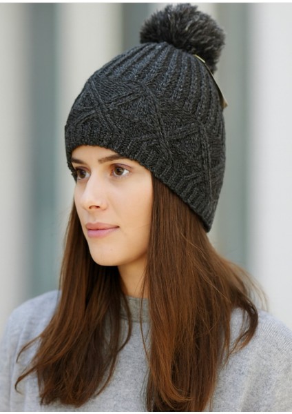 Kadın Triko Örgü Katlamalı Ponponlu Bere Gri Standart fırsatları