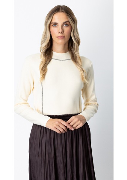 Kadın Pencere Detaylı Taşlı Kazak 65372 Krem