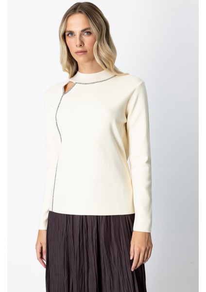 Kadın Pencere Detaylı Taşlı Kazak 65372 Krem fiyatları