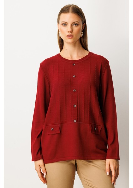 Kadın Kabartma Desenli Süs Düğmeli Triko Kazak 65358 Bordo