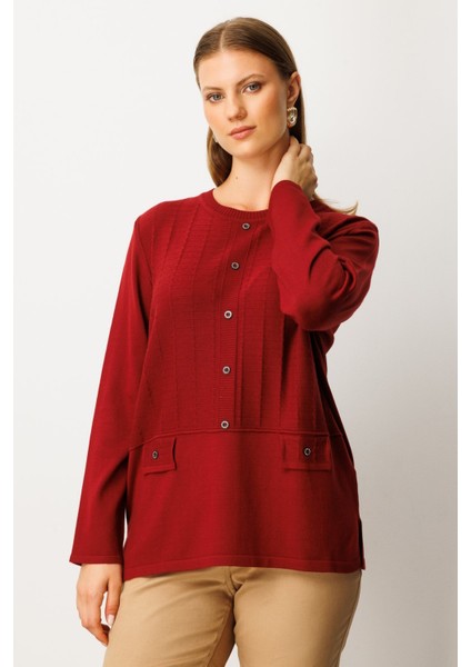 Kadın Kabartma Desenli Süs Düğmeli Triko Kazak 65358 Bordo fiyatları