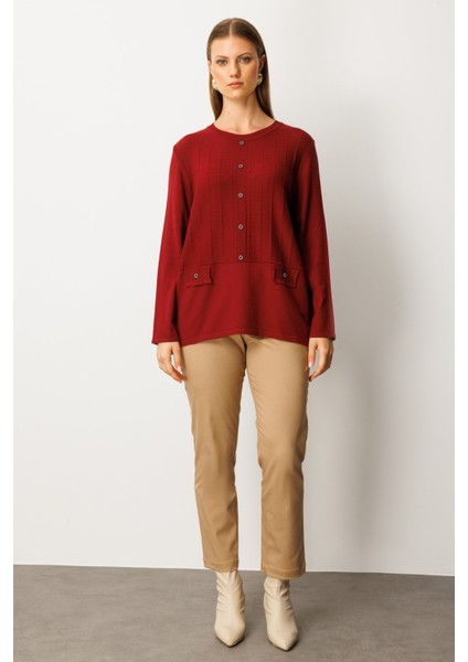 Kadın Kabartma Desenli Süs Düğmeli Triko Kazak 65358 Bordo modelleri