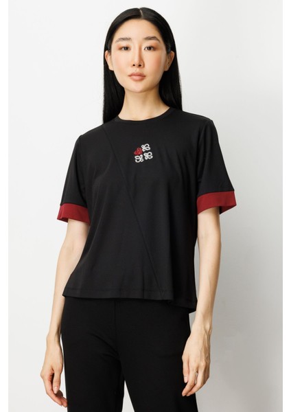 Kadın Önü Taşlı Sıfır Yaka Bluz 61331 Siyah-Bordo