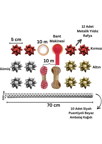Siyah Puantiyeli Beyaz Ambalaj Kağıdı Seti, 10 Rulo KAĞIT(70X100CM)-12 RAFYA-20M Ip-Bant ve Makinesi fiyatları