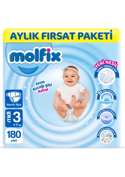Bebek Bezi 3 Beden Midi Aylık Fırsat Paketi 180 Adet