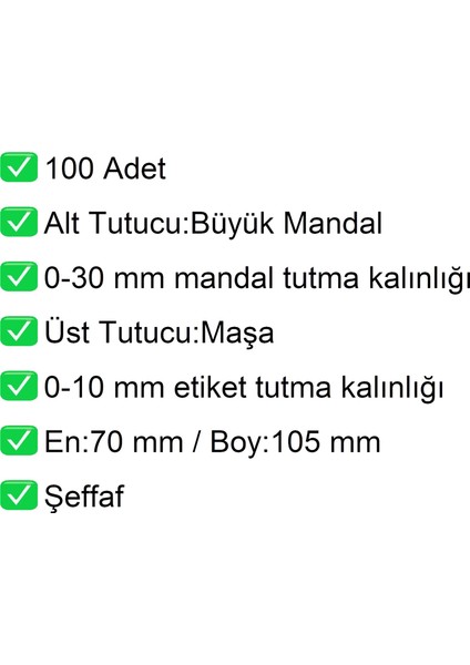 Etiket Tutucu / Maşalı / Büyük Mandal / Şeffaf / 70X105 mm / 100 Adet fiyatları