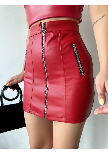 Üç Fermuarlı Deri Etek Bordo S24510 modelleri