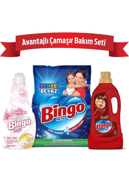 Avantajlı Çamaşır Bakım Seti: Bingo Toz Deterjan 4kg + Sıvı Deterjan 2L + Çamaşır Yumuşatıcısı