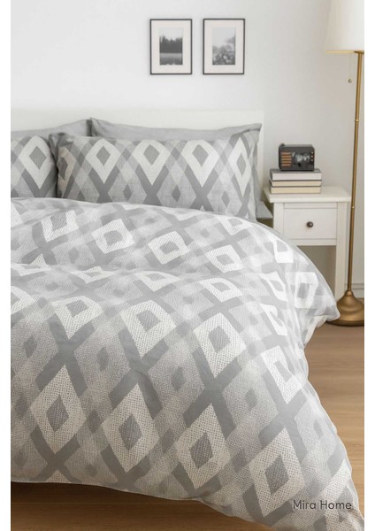 Iç Içe Baklava Desen Gri Pamuklu Nevresim Takımı