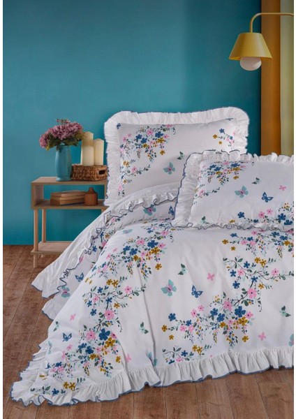%100 Pamuk Çift Kişilik Nevresim Takımı Fırfırlı Süs Dikişli Mavi Çiçek Desen