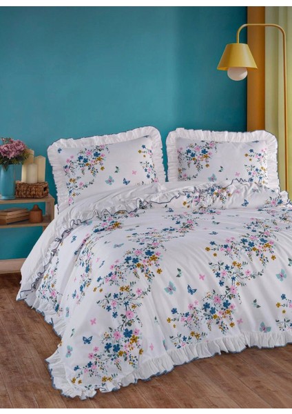 %100 Pamuk Çift Kişilik Nevresim Takımı Fırfırlı Süs Dikişli Mavi Çiçek Desen fiyatları