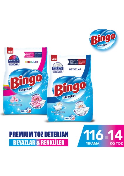 Premium Toz Çamaşır Deterjanı 7 Kg Renkli + Bingo Premium Toz Çamaşır Deterjanı 7 Kg Beyaz