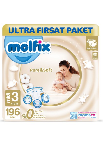 Pure & Soft Bebek Bezi 3 Beden Midi 196 Adet indirimleri