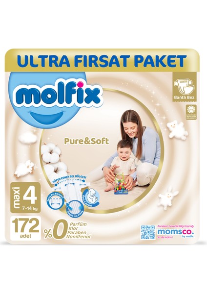 Pure & Soft Bebek Bezi 4 Beden Maxi 172 Adet indirimleri
