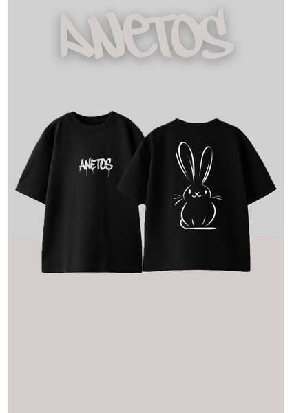 Tavsan Tasarım Sırt Baskılı Pamuk Siyah Oversize T-Shirt