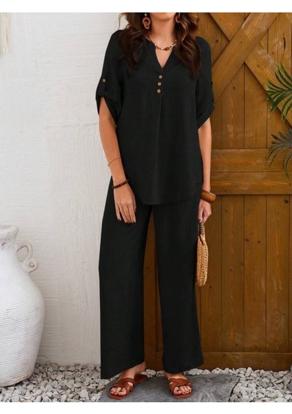 Kadın Kısa Kollu V Hakim Yaka Düğmeli Bürümcük Bluz ve Pantolon Ikili Takım fiyatları