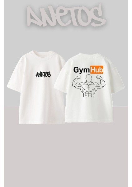 Gymhub Tasarım Sırt Baskılı Pamuk Beyaz Oversize T-Shirt
