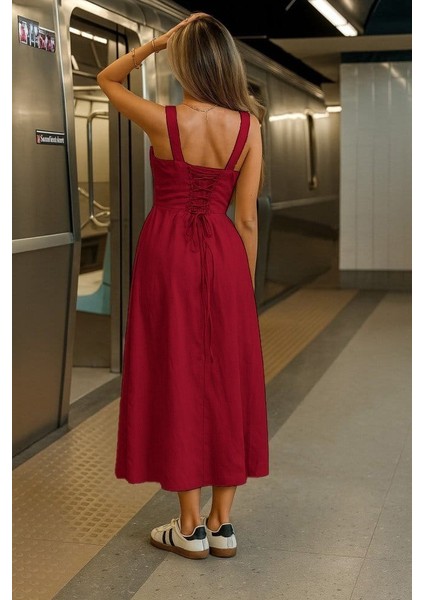 Kadın Askılı Geniş V Yakalı Sırttan Bağlamalı Yırtmaçlı Süprem Elbise fiyatları