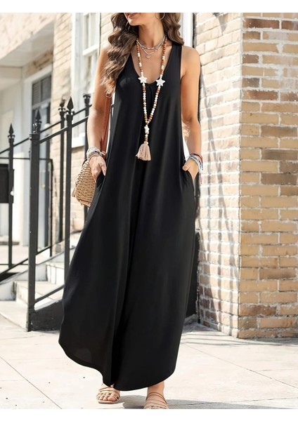 Kadın Askılı Yuvarlak Yaka Cepli Salaş Uzun Viskon Tulum