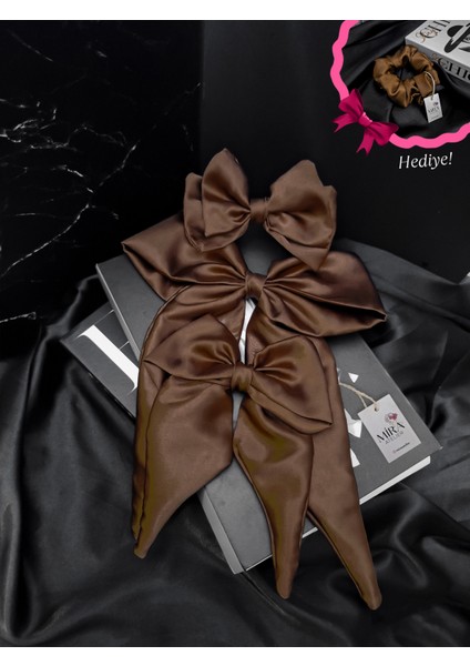 Kadın 3’lü Fiyonk Saç Tokası Seti + Scrunchie Hediyeli - Latte Ruhu