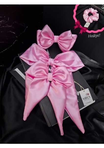 Kadın 3’lü Fiyonk Saç Tokası Seti + Scrunchie Hediyeli - Şeker Pembesi
