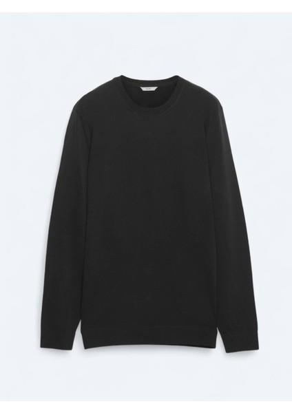 Siyah Bisiklet Yaka Düz Örgü Triko Kazak