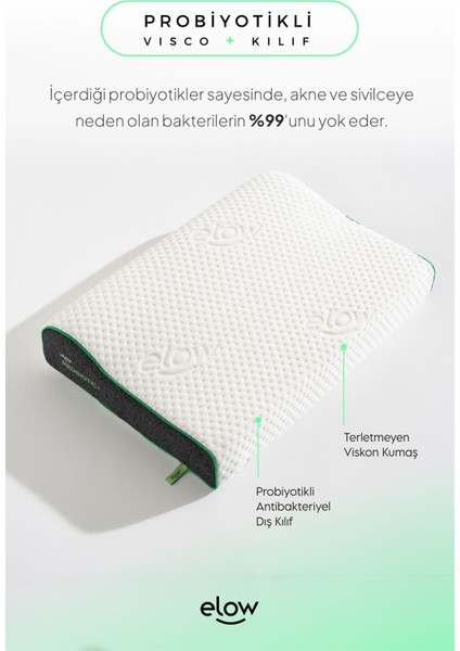 Probiotic+ Tek Taraflı Boyun Destekli Ortopedik Visco Yastık, 60 x 40 x 13/9