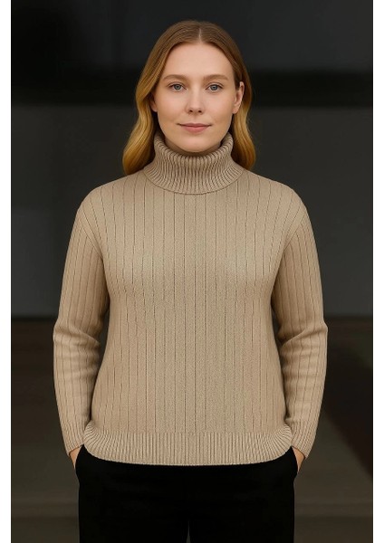 Kadın Balıkcı Yaka Bağazlı Triko Kazak Pamuklu Kalın Fitilli Dokuma - Bej modelleri