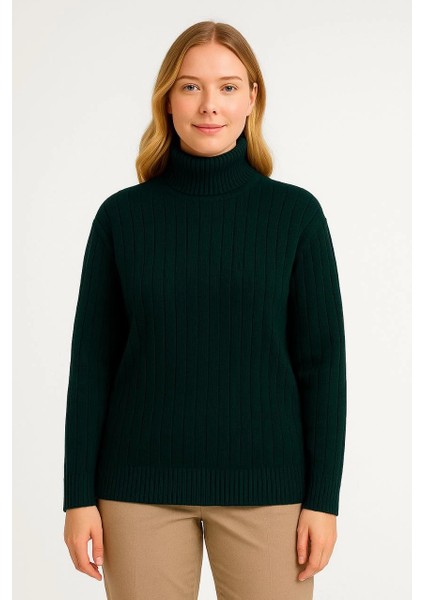 Kadın Balıkcı Yaka Bağazlı Triko Kazak Pamuklu Kalın Fitilli Dokuma - Haki modelleri