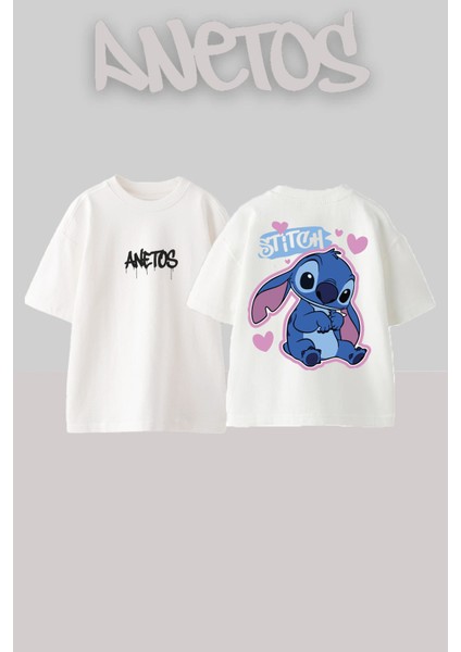 Stitch 6 Tasarım Sırt Baskılı Pamuk Beyaz Oversize T-Shirt
