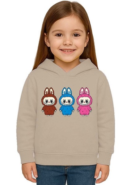 Unisex Baskılı Çocuk Swaetshirt Labubu Baskılı Kapüşonlu 3 Iplik Şardonlu modelleri
