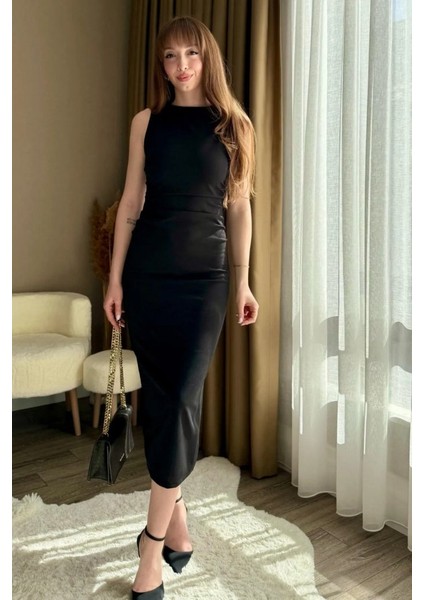 Kadın Sıfır Kol Sıfır Yaka Drape Detaylı Midi Janjan Krep Elbise