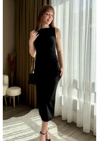 Kadın Sıfır Kol Sıfır Yaka Drape Detaylı Midi Janjan Krep Elbise fiyatları