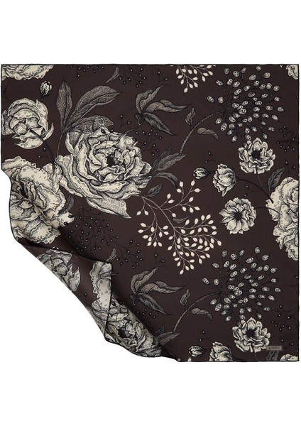 Ipekevi Rosa Desenli Tivil Ipek Eşarp Füme