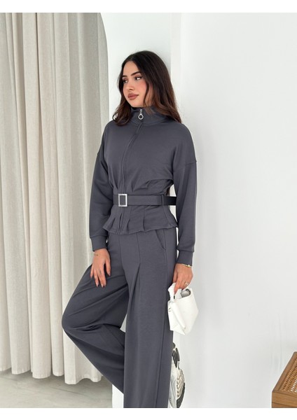 Modal Kumaş Fermuarlı Kemerli Şık Günlük Eşofman Takımı / Modal Fabric Zippered Belted Tracksuit Set fırsatları