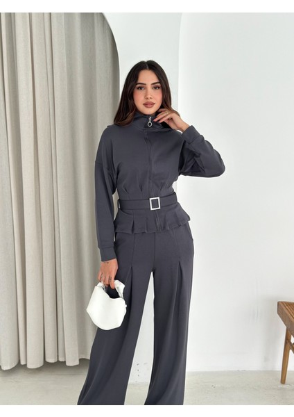 Modal Kumaş Fermuarlı Kemerli Şık Günlük Eşofman Takımı / Modal Fabric Zippered Belted Tracksuit Set indirimleri