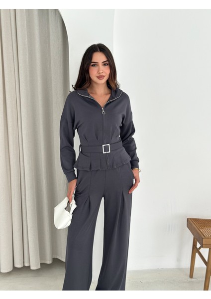 Modal Kumaş Fermuarlı Kemerli Şık Günlük Eşofman Takımı / Modal Fabric Zippered Belted Tracksuit Set