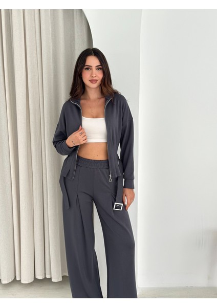 Modal Kumaş Fermuarlı Kemerli Şık Günlük Eşofman Takımı / Modal Fabric Zippered Belted Tracksuit Set