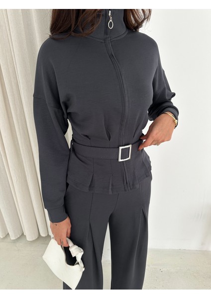 Modal Kumaş Fermuarlı Kemerli Şık Günlük Eşofman Takımı / Modal Fabric Zippered Belted Tracksuit Set
